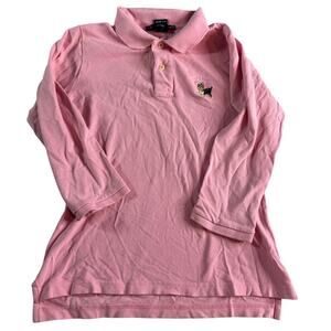 Ralph Lauren Sport Girls Medium Pink Polo Shirt Dog Patch 3/4 Sleeve Preppy
